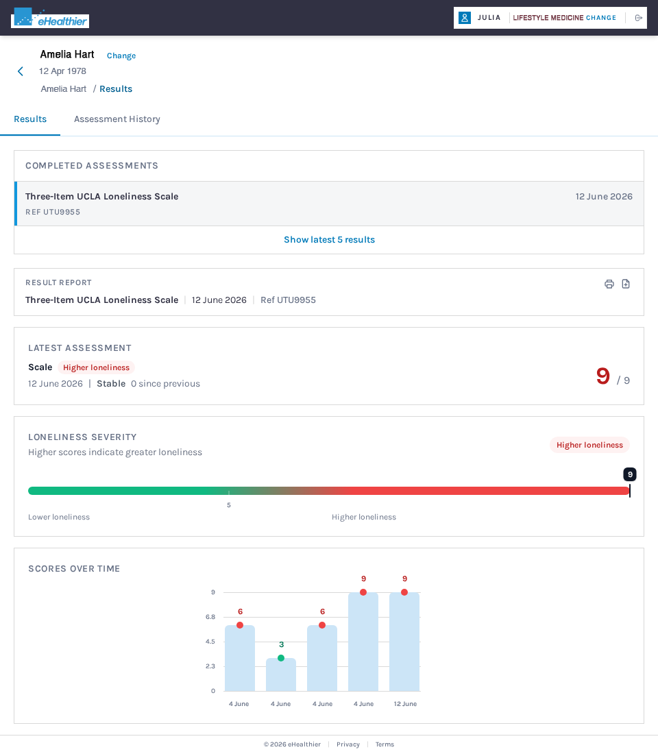 Outcome report view with score bands, results history, and clinical context.